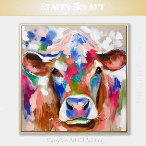 New Arrivals Artist Hand-painted High Quality Funny Animal Cow Oil Painting on Canvas Cute Cow with Flowers Acrylic Painting