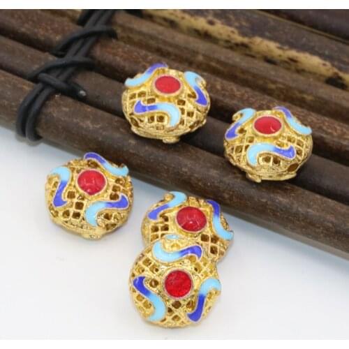 Wholesale price new fashion gold-color hollow round cloisonne enamel accessories 14mm spacers beads findings 5pcs B2510