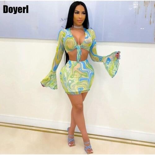 Sexy Party Two Piece Set Women Skirt and Top Elegant Flare Long Sleeve Crop Top Skirt Set Suit Club Bodycon 2 Piece Sets Outfits