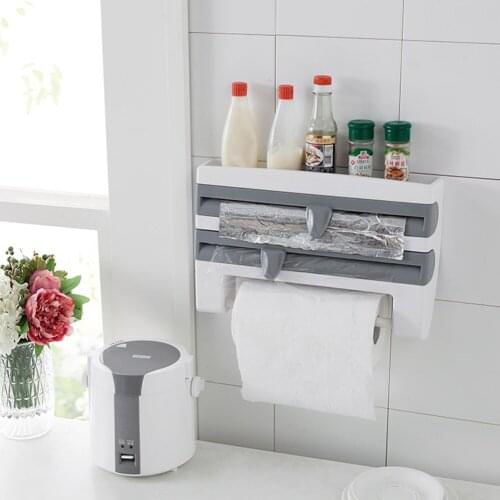 4-in-1 Kitchen Holder Plastic Organizer Wall-Mount Paper Towel Holder Wrap Spice Rack Wall Roll Paper Storage Dispenser Sauce