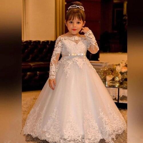 White/ Ivory Flower Girl Dress Brithday Party Wedding Formal Occasion Beaded Belt Princess Appliqued Lace Bow Kids First Communi