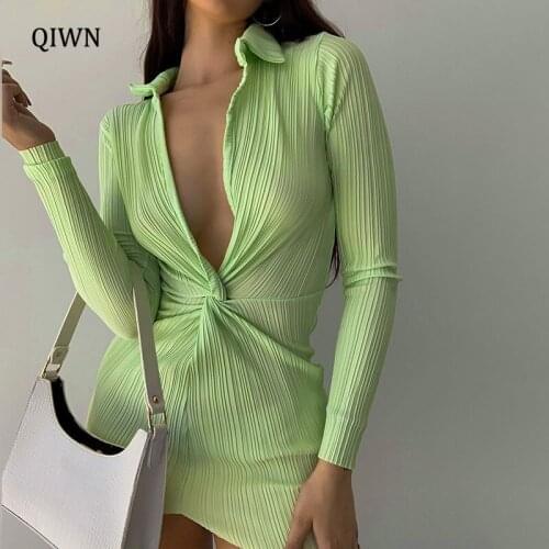 Autumn Fashion Turn-Down Collar Shirt Dress Ruched Sexy V Neck Long Sleeve Button Up Mini Dresses Vestido Clothes