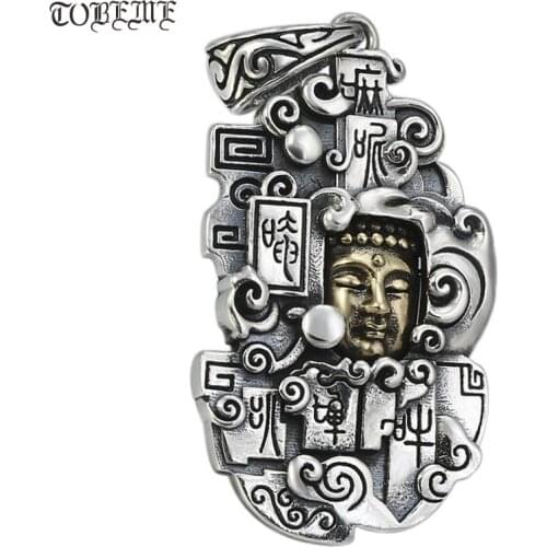 Real 925 Silver Buddha Statue Pendant Sterling Silver Buddhist Six Words Proverb Pendant Good Luck Amulet Pendant