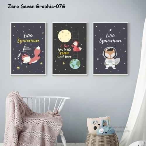 Canvas Posters And Prints Spaceman Cartoon Fox Bear Adventure Picture Wall Art Painting For Boys Room Bedroom Home Decoration