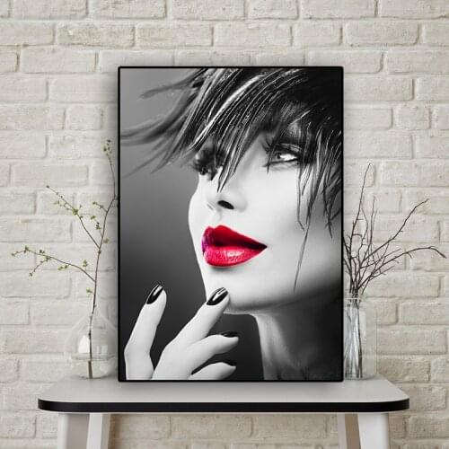Sexy Black and Gold Red Lip Art Nude Woman Oil Painting on Canvas Cuadros Posters and Prints Wall Art Picture for Living Room