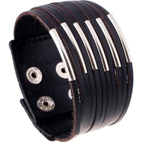 Punk Fashion Black Wide Bracelet Alloy Multi-layer Cuff Leather Charm Vintage Bangle Wrap Rock Biker Wristband for Unisex Jewely