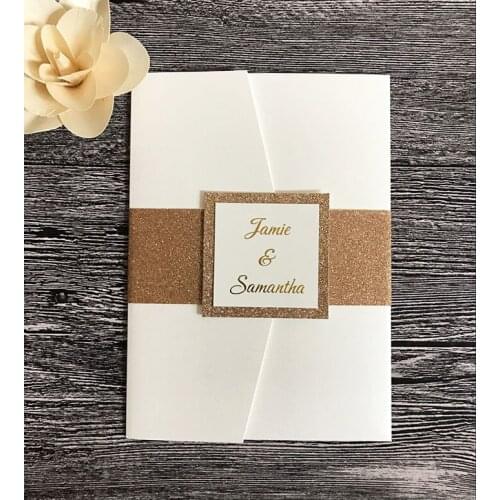 Gold foil printing Glitter Pocketfold Wedding Invitations with belly band