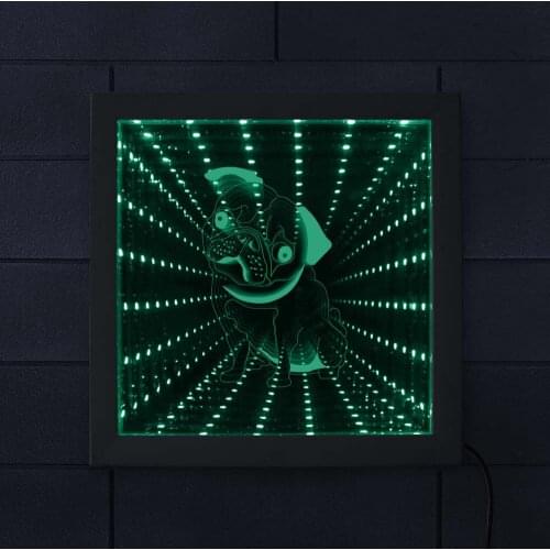Pug Dog LED Infinity Mirror Never Ending Tunnel Light Color Change Wood Frame Lighting Pet Shop Lamp Neon Sign