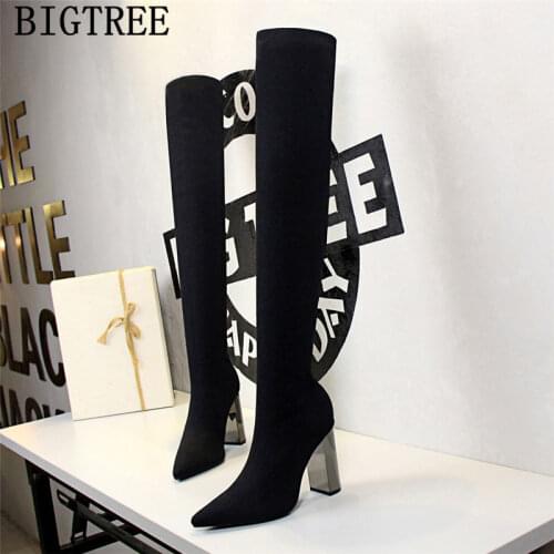 Knitting Thigh High Boots Pointed Toe High Heels Glitter Boots Cuissardes Sexy Talons Hauts High Heel Boots Chaussures Femme
