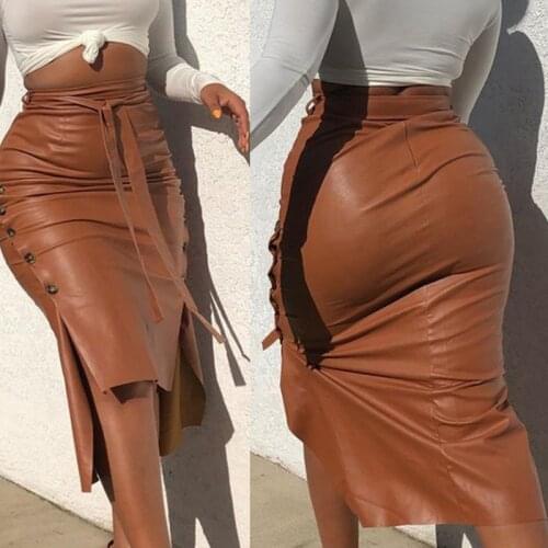 Women Trendy Pu Leather Midi Skirt Solid Color High Waist Slim Skinny Pencil Skirt For Ladies Streetwear Slim Mid-length Skirt