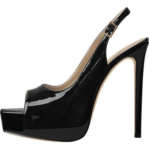 Womens Black Slingback High Heels Pointed Toe Pumps Ankle Strap Patent Leather Fashion Sandals with Platform Big Size US14-15