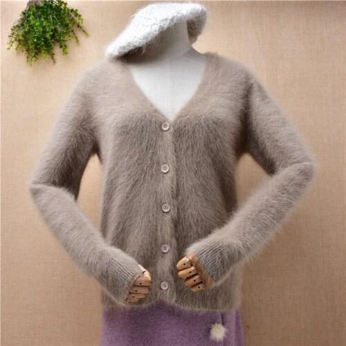Ladies women autumn winter hairy plush mink cashmere knitted v-neck slim cardigan angora fur winter jacket coat sweater pull