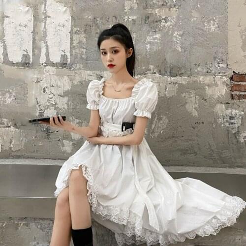 Women Square Collar Puff Sleeve Lace Ruffles Pleated Belt Dress Lady A-Line Elastic Slim Waist Irregular Party Midi Chic Dresses