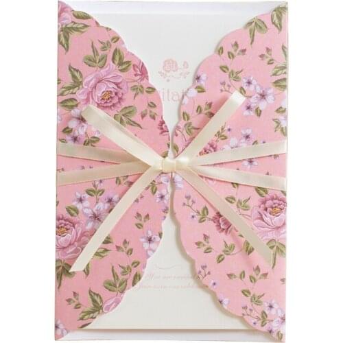 Pink Folding Wedding Invitation Card with Ribbon Bow Deck 12x18cm Gold Foil Printing Customized
