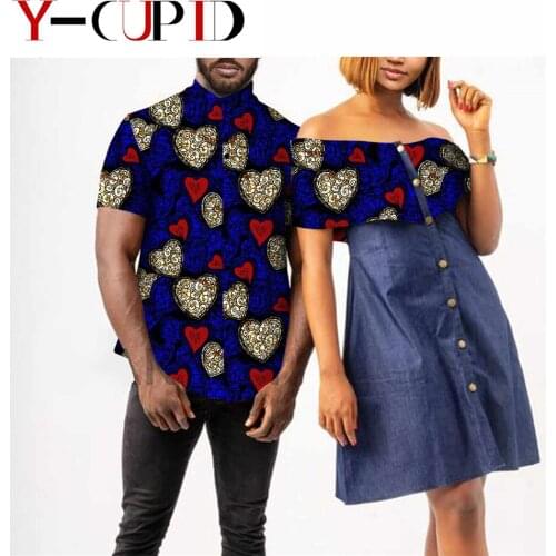 African Clothes for Couples Cowboy Ankara Print Dresses for Women Matching Men Shirts Tops Bazin Riche Lover Clothing Y20C004