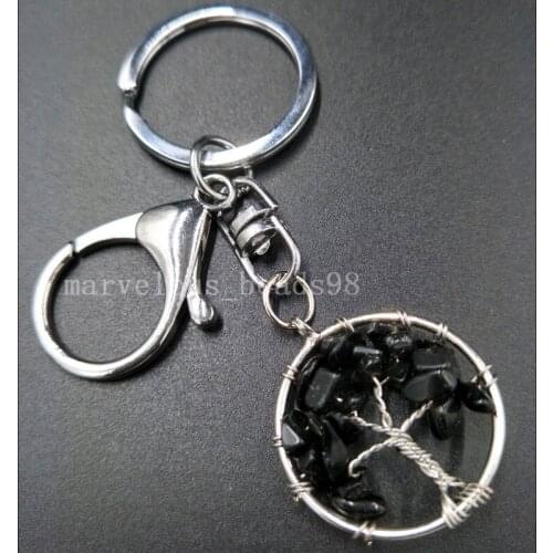 Free Shipping Beautiful jewelry Tree of life - Black Carnelian Wire Wrap Round Key Chain Hang Pendant bag MC5056