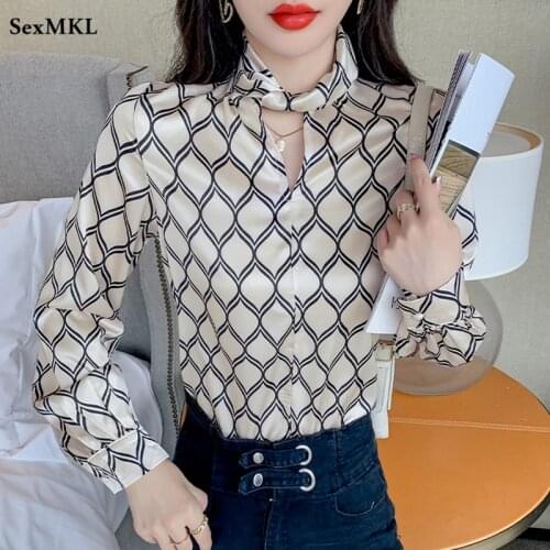 Women Plaid Button Up Shirts 2021 Elegant Fashion Office Long Sleeve Silk Blouses French Y2k Puff Sleeve Chiffon Ladies Tops XXL