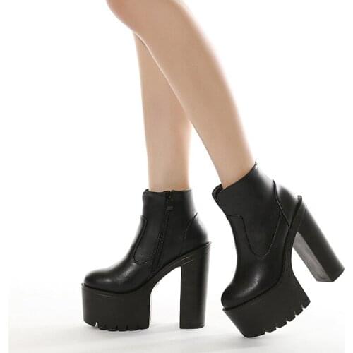 Leather PU Black High Boots With Heels Ankle Boots Women Platform Shoes For Autumn Winter Side Zipper Comfort Catwalk998