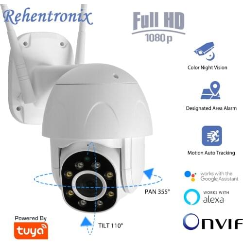 Onvif Tuya WiFi Dome IP Camera 1080P Outdoor WiFi PTZ IP Camera Color Night Vision Wireless Security Camera Support Alexa Google