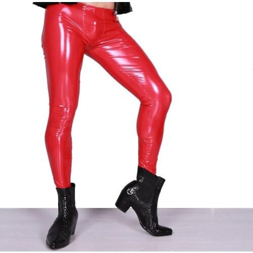 Men Sexy Black Wetlook Faux Leather Pants Exotic Lingerie PU Latex Trousers Elastic PVC Stage Clubwear Gay Gothic Fetish Pants