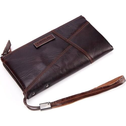 Leather Retro Wax Leather Mens Money Long Baotou Leather Clutch Business Double Zipper Bag Leather Long Clip