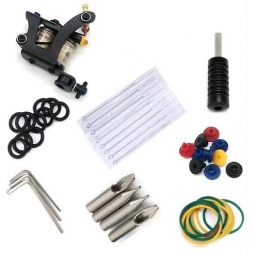 Royun Black Color Coil Tattoo Machine Gun Set Alum Grip Needle Pads Nozzle Tip Ink L-Key Kit For Beginner