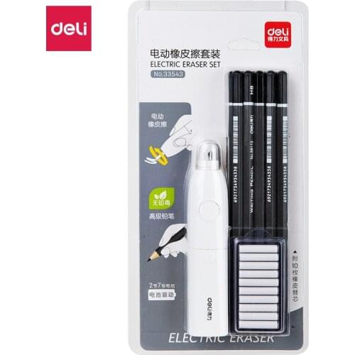 Deli Advanced Writing Drawing Pencils Set (10 HB Pencil + 1 Electric Eraser + 10 Rubber Refills) Office Scholl Supplies 33543