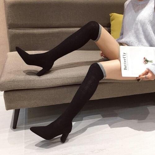 NIUFUNI 2019 Autumn Over The Knee Knitting Sock Boots Women Sexy Pointed Toe Thigh High Boots Ladies Elastic Slim Boots Shoes