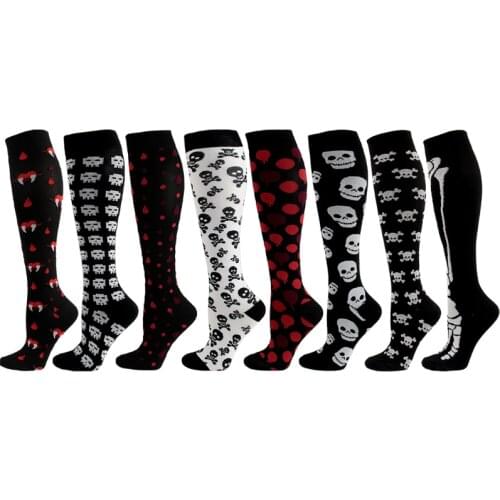 8 Pairs Halloween Compression Socks Skull Skeleton Nursing Knee High Stockings