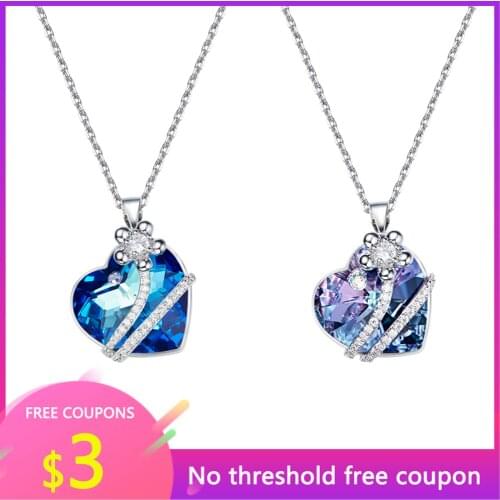 OGULEE European Jewelry Fashion Crystal Necklace Women Heart of The Sea Silver Color Little Flower Blue Light Crystal Jewellery