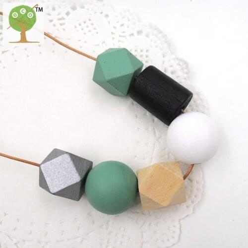 Simple jewelry light wooden women necklace pendant with teal black silver white painted geometric wood beads minimalist NW184