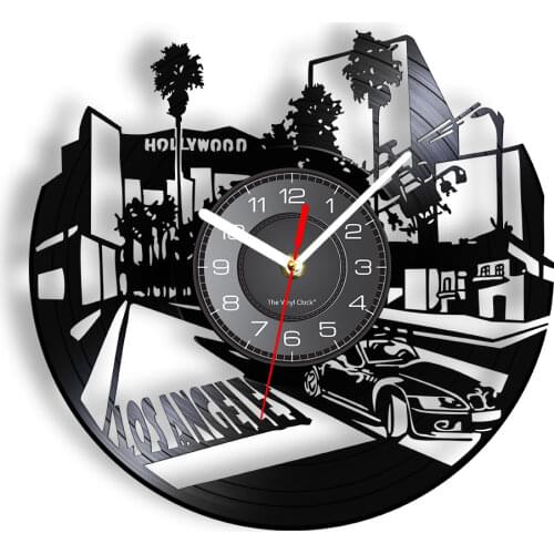 Los Angeles Cityscape Hollywood Sign Hills Vinyl Record Wall Clock USA California Skyline Clock American Film Industry Artwork