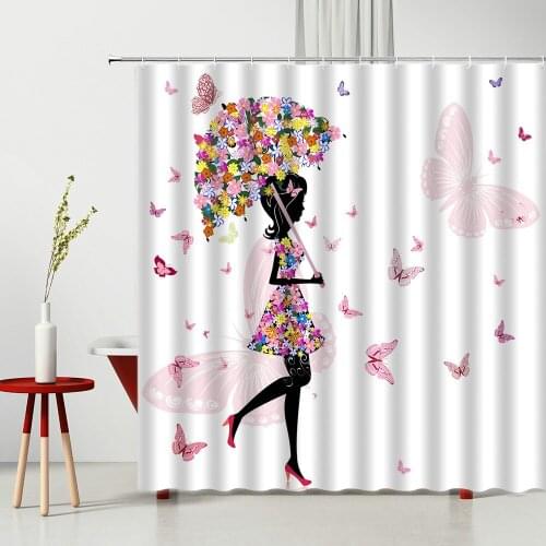 Pink Flower Butterfly Girls Shower Curtains Bathroom Curtain Fabric Waterprood Polyester For Bath Decor Bath Curtain With Hooks