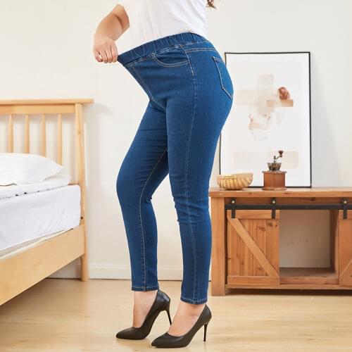 Plus Size Clothing L-6XL Womens Elastic Waist Jeans High Waist Skinny Curvy Denim Mom Jeans Casual Pencil Pants Lady Trousers