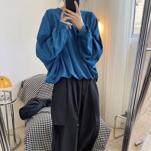 Spring and autumn womens casual solid color round neck long sleeve loose T-shirt