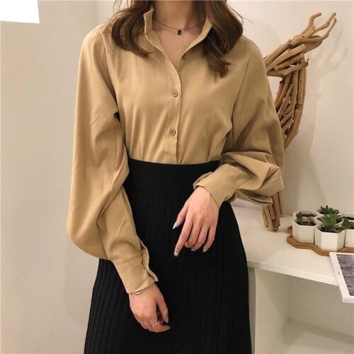 Vintage Stand-neck Lantern Sleeve Women Blouses and Tops Single-breasted Women Shirts blusas mujer de moda 2019 Autumn