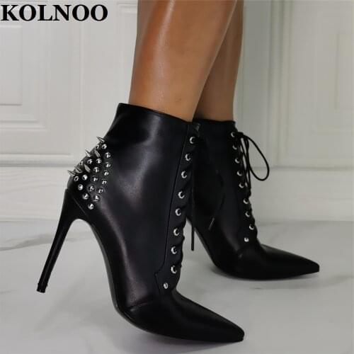 Kolnoo Newest 2022 Style Real Photos Ladies High Heel Boots Cross Lace-Up Pointy Ankle Martin Boots Black Classic Fashion Shoes
