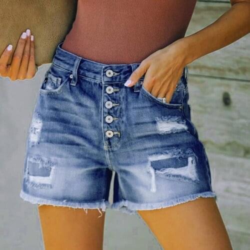 2021 Ripped Denim Shorts Patchwork Single Breasted Casual Women High Elastic Shorts Summer Tassel Washed Burr Blue Cowgirl Short