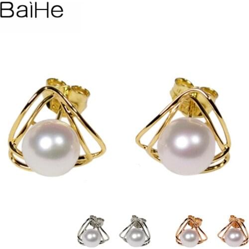 BAIHE Solid 14K Yellow/Rose/White Gold Natural Freshwater Pearls Earrings Women Fine Jewelry Triangle Cерьги Cережки Engagement