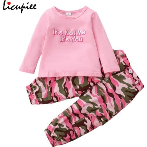 1-6 Years Print Newborn Kid Set Girls Casual 2-piece Clothes Set Pink Round Collar Pullover and Camouflage Printed Pattern Pants