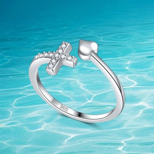 New Design Adjustable Cross Ring Woman100% 925 Sterling Silver Charm Heart Ring Wedding Solid Silver Jewelry Gift