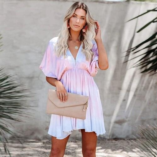 Shyloli Women boho Tie dye a-line mini dress puff sleeve deep v-neck beach style dress 2021 new fashion sexy summer women dress