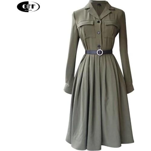 French vintage woman dress long sleeve autumn spring green pleated pocket slim elegant retro casual midi dresses women clothes Z