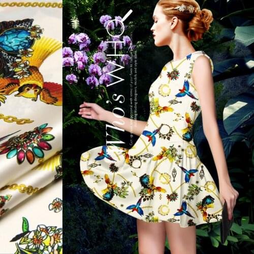 118cm wide 19mm 93% silk & 7% spandex parrots print silk satin fabric for summer dress shirt clothes cheongsam