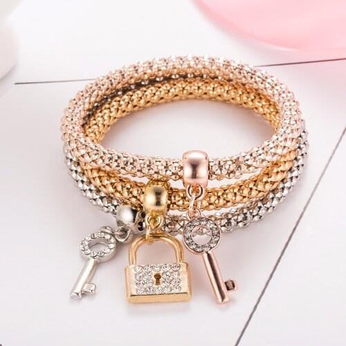 3Pc Hot Sale Fashion Personality Lock & key Shape Bracelet All-Match Glamorous Gold Silver Color Plated Rhinestone Alloy Pendant