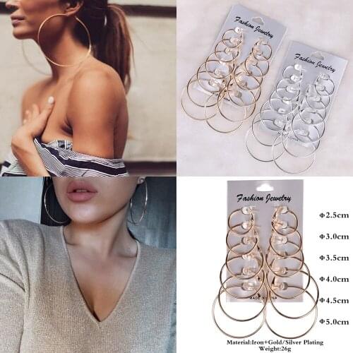 6 Pairs Gold Color Hoop Earrings Set Big Circle Earring Fashion Women Girls Korean Earrings Family Friends Gifts Jewelry