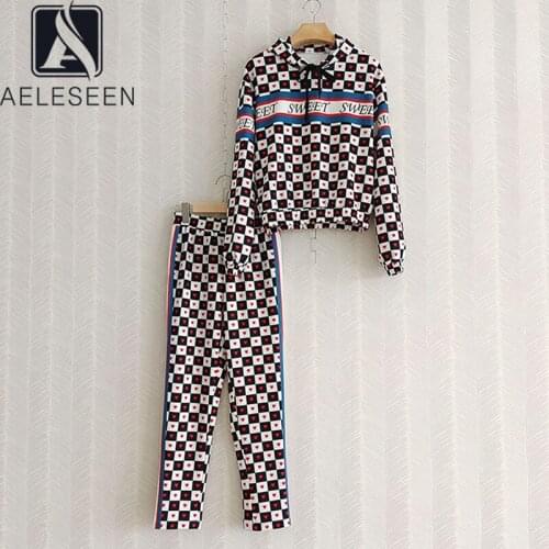 AELESEEN Casual Sets 2021 Autumn Winter High Quality Hoodies With Hat+Full Legth Pants Heart Print Plaid Fashion 2 Pieces Sets