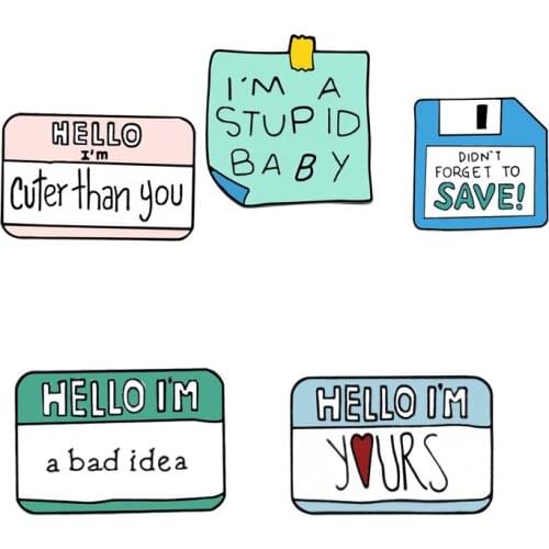 Humor Dialogue Enamel Pin Cartoon Label Memory Card Brooches Memo Text Coat Denim Lapel Pins Badges Friends Gifts Kids Jewelry