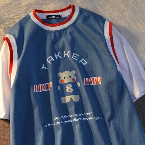 Ins Retro Preppy Style Bear Spliced T Shirts Women Cotton Tshirts 2021New Kawaii Teens Girls Oversized Summer Tees Harajuku Tops