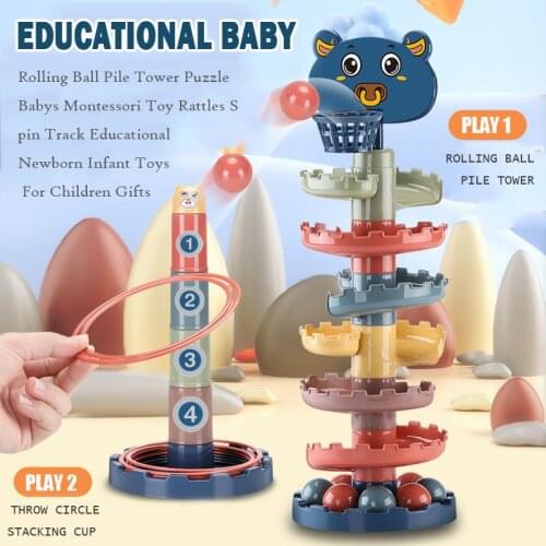Montessori Baby Stacking Cup Rainbow Rolling Ball Pile Ring Tower Rattles Board Games Educational Baby Birth Funny Beach Toys
